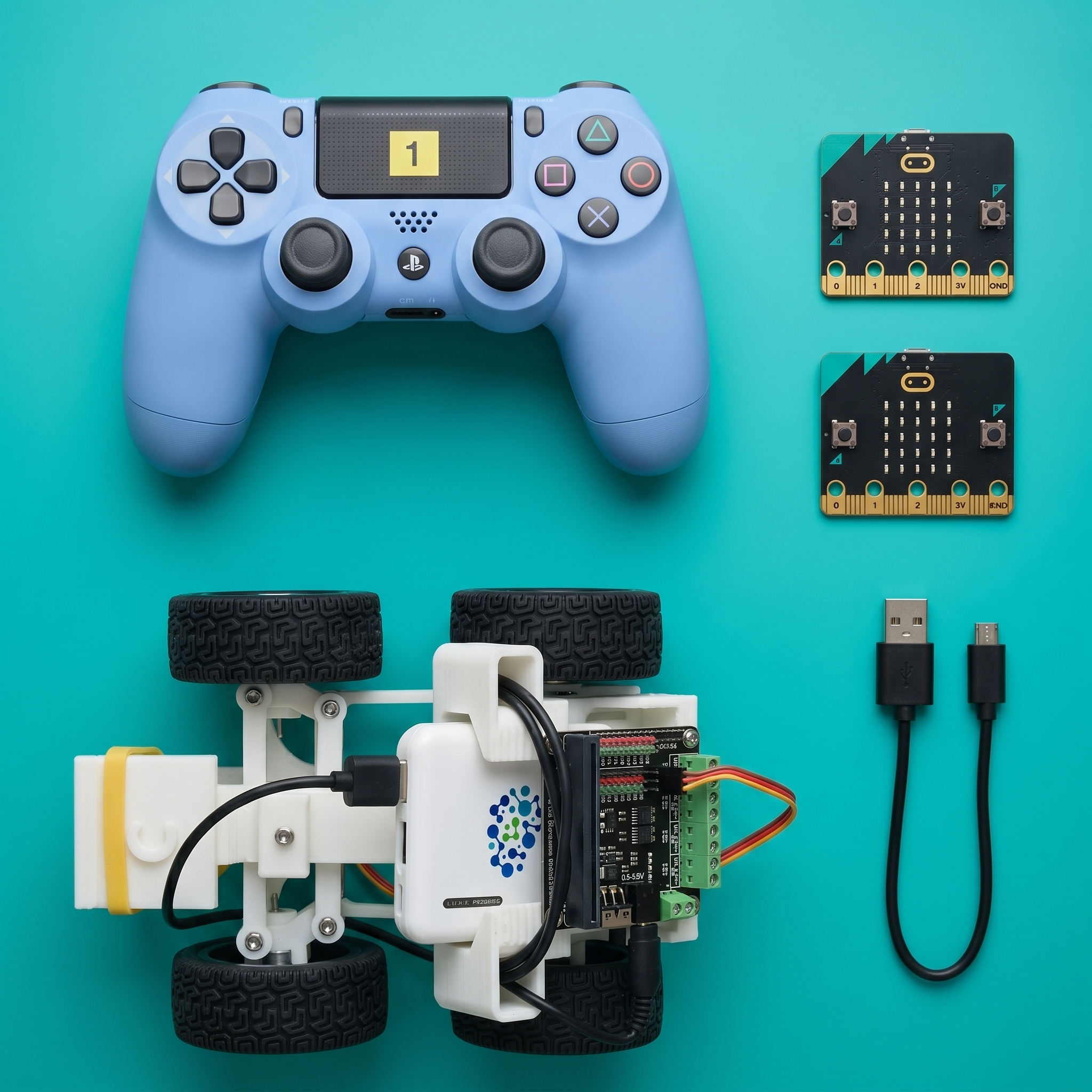 BrainAI Car 박스 구성품 — 본체, 배터리, 마이크로비트 2개, PS4 컨트롤러